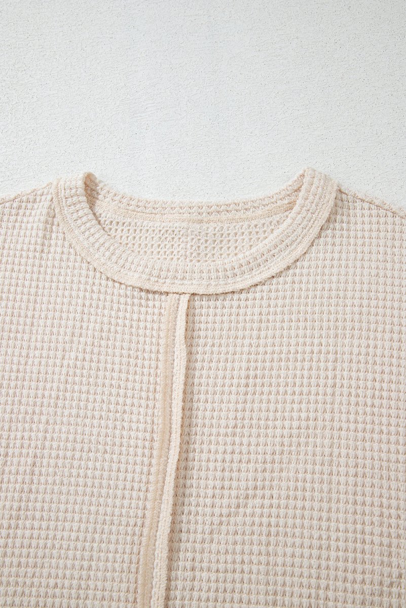 Pale Khaki Solid Color Textured Seamed Short Sleeve Top - Love Salve